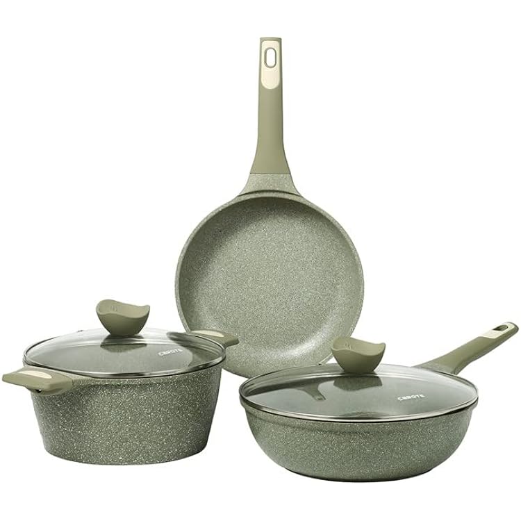 CAROTE Non Stick Cookware Set 5 Pieces Nonstick Pots and Pans Set, Healthy Stone Granite Cookware Set, PFOA Free Green Granite, Induction Cookware