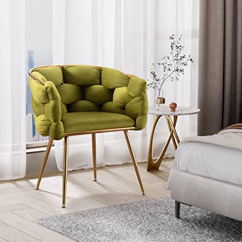 DAMAIFROM Velvet Armchair, Modern Upholstered Vanity Chair，Gold Metal Leg Living Room Chair, Accent Chair with Hand-Woven Backrest, Suitable for Living Room Bedroom Dning Room Olive Green
