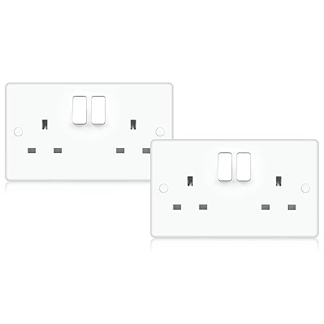Vector 13A 2 Gang Double Pole Switched Socket – White Gloss Double Plate, UK 3-Pin Power Outlet, Includes Fixing Screws & Screw Caps, UK Standard Wall Mount (Pack of 2)