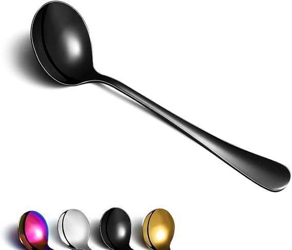 Black Soup Spoon of 4, Berglander 7.5" Stainless Steel Titanium Plating Shiny Round Spoons Silverware, Black Table Spoon Table Spoons Set Sturdy Easy To Clean, Dishwasher Safe