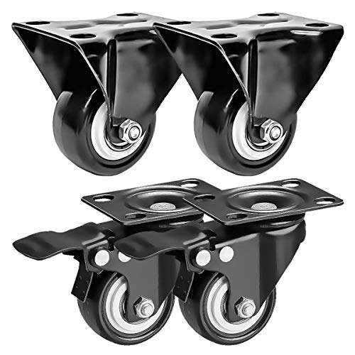 FactorDuty 4 Pack Combo 2 inch Caster Wheels 2 Rigid Non Swivel Fixed Stationery & 2 with Brake Swivel Plate All Black Polyurethane Wheels Non Marking No Noise 150LB Per Wheel