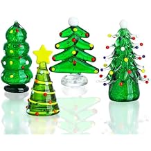HDCRYSTALGIFTS Set 4 Blown Glass Christmas Tree Figurine Collectible 2.5'' Art Glass Statue Holiday Decoration Sculpture Festival Gifts Home Arts