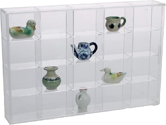 SAFE Frameless Acrylic Glass Display Case, 20 Compartments, Wall Mounted or Desktop, Crystal-Clear Showcase for Rocks, Minerals, Collectibles and Figurines