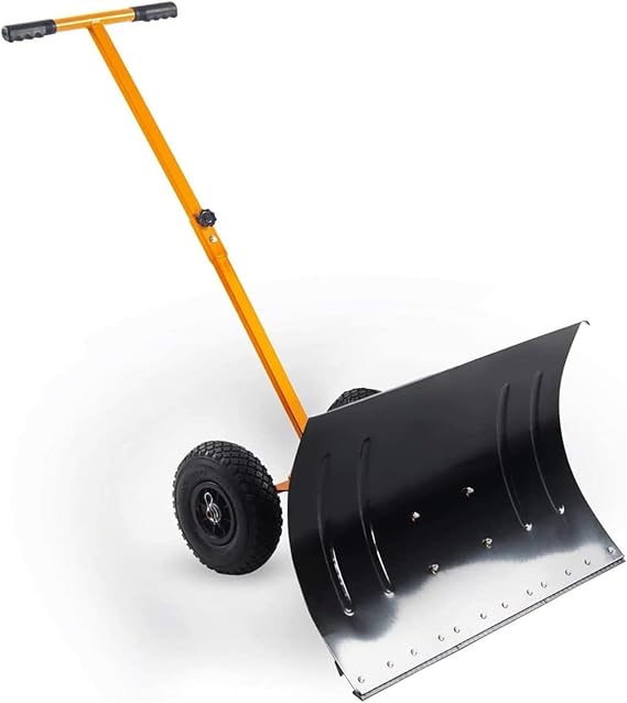 Snow Pusher Shovel, Rolling Snow Pusher with 10-Inch Wheels, 29"x19" Snow Shovel with Adjustable Handle, Hand Push Pavement Snow Removal Tool For Cleaning Lanes Roads Sidewalks