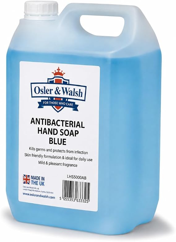 Osler &amp; Walsh 5 Litre Antibacterial Blue Hand Soap, Lightly Fragranced Hand Wash for Home, School and the Workplace. Hydrates &amp; Softens Skin, Non-Sticky Liquid Hand Soap Protects Skin From Dryness