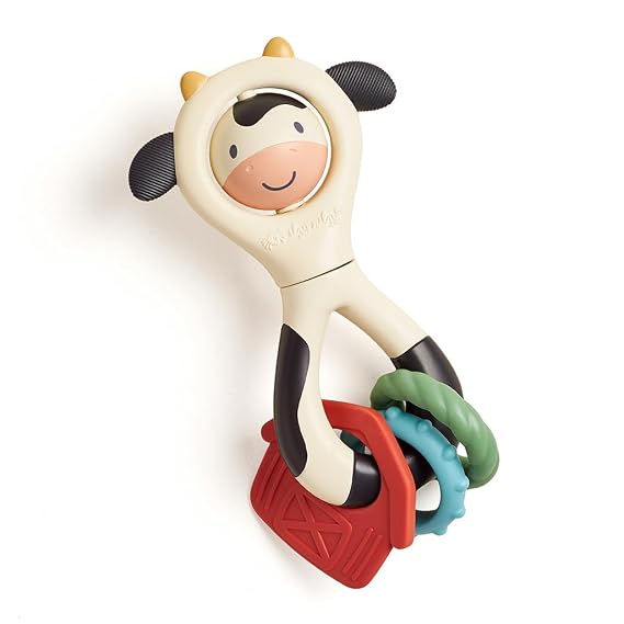 Itzy Ritzy Spinner Rattle Teether, Spinning Rattle Toy with Teethers (Cow) | Includes Spinning Face, Rattle Sound, Twist-and-Click Body & 3 Textured Teething Rings for Sensory Exploration - For Ages 3M+