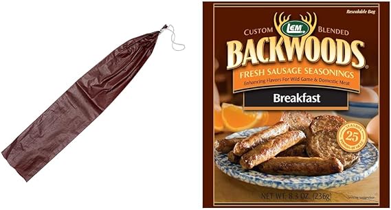 LEM Products Mahogany Fibrous Casings, 2 12 Inches x 20 Inches, Non-Edible Sausage & Products Backwoods Breakfast Fresh Sausage Seasoning, Ideal for Wild Game and Domestic Meat, Seasons