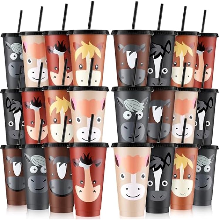 Mifoci 24 Pcs Horse Party Favors 24 oz Horse Cups with Lid Straw Cowboy Cups Bulk Horses Birthday Decorations Reusable Plastic Drink Tumbler for Birthday Gifts Racing Theme Animal Spring Party Supply