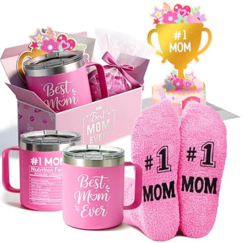 HAPPYPOP Mothers Day Gifts - Best Mom Ever Tumbler Socks and #1 MOM Card Pink Birthday Gift Box for Women from Daughter or Son