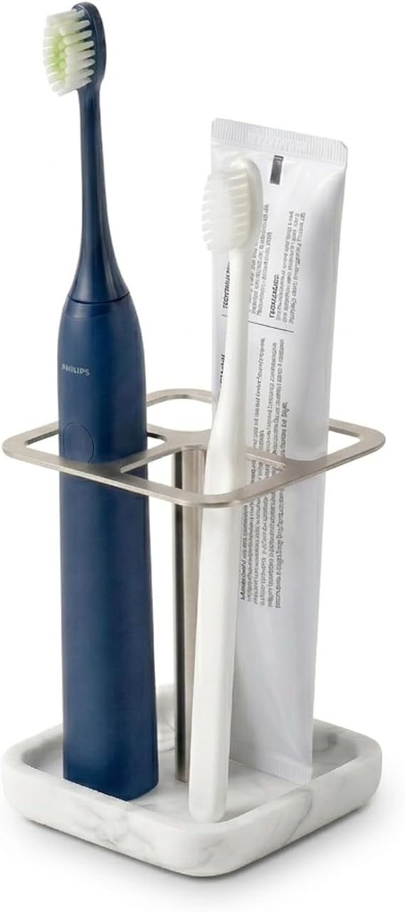 304 Stainless Steel Toothbrush Holder for Bathroom - Modern Countertop Electric Toothbrush & Toothpaste Organizer Stand with Marble-Look Resin Base (Silver)