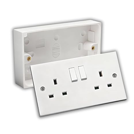 13A Double White Switched Socket Electrical Outlet with Fixing Screws & Double Pattress Back Box Surface Mounted 2 Gang (1, SET with 35mm Box)