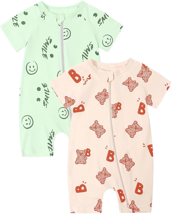 MYGBCPJS Baby Boys Girls Cotton Jumpsuit Short Sleeve Pajamas Infant Graphic Zipper Romper Summer Outfits