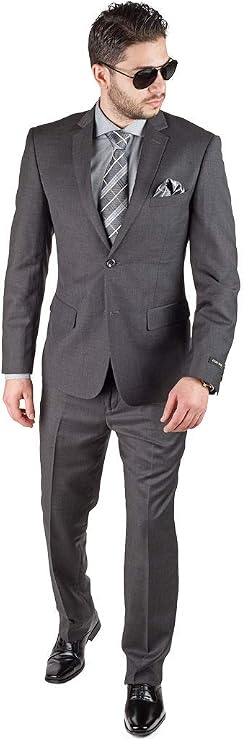 AZAR MAN Slim Fit Men Suit 2 Button Dark Grey Notch Lapel Flat Front Pants