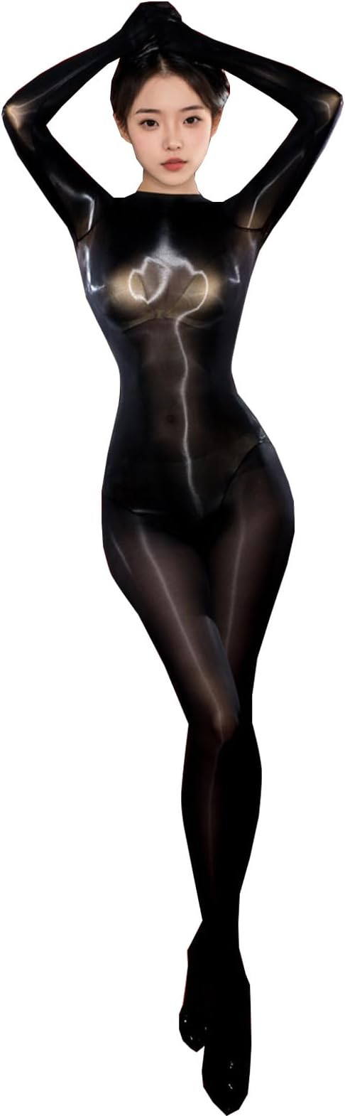LESOYA Women Men Sexy See Through Sheer Seamless Bodystocking Oil Shiny Glossy Bodysuit Catsuit Attatched Gloves