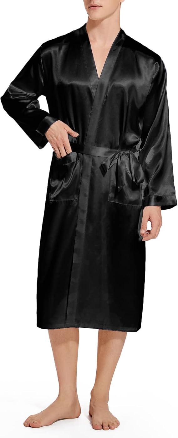 ZUEVI Men's Kimono Robe Silk Satin Long Sleeve Spa Bathrobe Lightweight Soft Silky Pajamas Robes