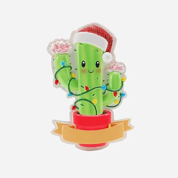 Christmas Cactus Ornament with Santa Hat and Tangled in String of Lights Personalized Christmas Ornament, 4" Tall Resin