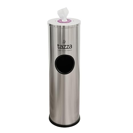 Tazza Gym Equipment Wipe Dispenser with Stainless Steel Floor Stand, Built-in Trash Can, Fitness Equipment Wipes Holder, 1.5 Gallon, Silver