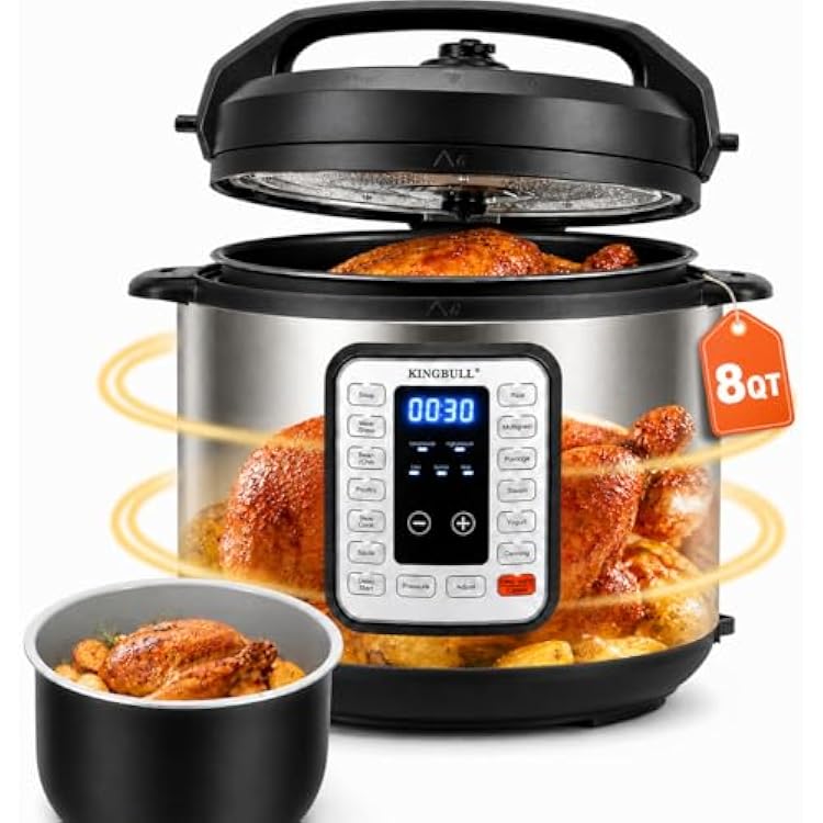 KINGBULL 8QT Electric Pressure Cooker, 12-in-1 Stainless Steel Multi Cooker with Nonstick Inner Pot, Slow Cooker, Rice Cooker, Steamer, Saute, Yogurt Maker, Warmer, Delay Start
