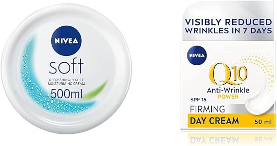NIVEA Soft Moisturising Cream (500ml), A Moisturising Cream for Face, Body and Hands with Vitamin E and Jojoba Oil &amp; Q10 Anti-Wrinkle Power Firming Day Cream SPF 15 (50ml)