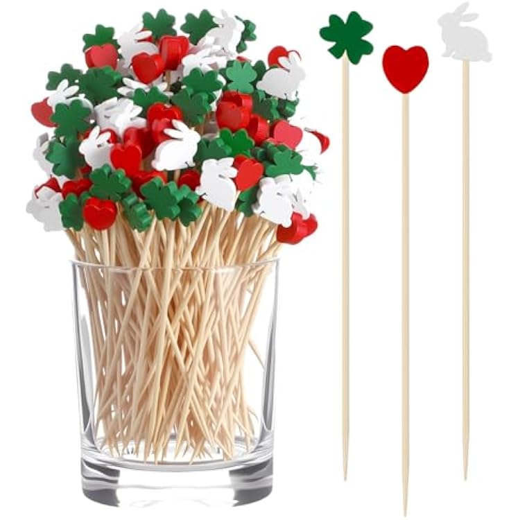 Yungyan 300 Pcs St Patricks Day Easter Cocktail Picks Bulk 4.7 Clover Bunny Rabbit Toothpicks Bamboo Skewers for Drinks Appetizers Decorative Party Supplies