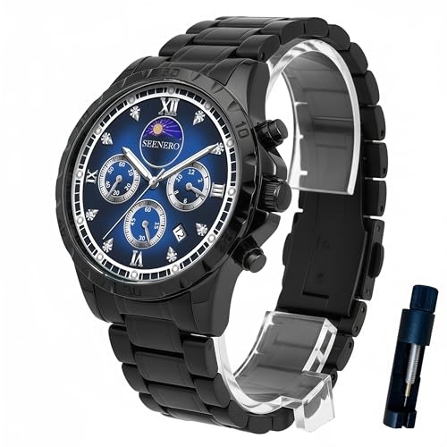 Watches For Men Luxury Stainless Steel Quartz Chronograph Waterproof Moonphase Watch With Luminous Roman Diamond Dial Fashion Dress Business Timepiece, Perfect Mens Gifts For Birthday Anniversary Or Holiday