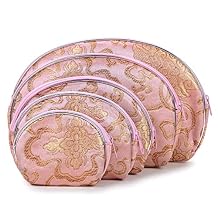 KALIFANO 5pcs Pink Jewelry & Coin Silk Pouch Brocade Embroidered Gift Bag/Purse - Oriental Chinese Style Travel Wallet with Zipper (Family Owned and Operated)