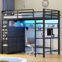 ADORNEVE Twin Loft Bed with Desk,14 Storage Drawers & Power Outlet, Kids Loft Bed Twin Size with LED Lights, Pegboard, Metal Loft Beds with Safety Guardrail & Ladder, Space Saving for Teens, Black
