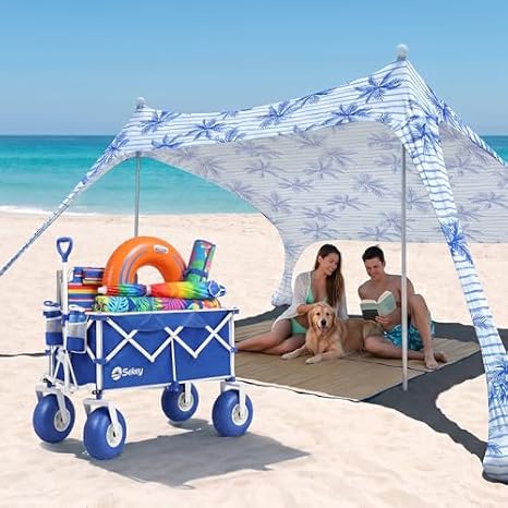 Sekey Heavy Duty Beach Wagon with 9" Big Sand-Proof Wheels and Beach Shade Sun Shelter UPF 50+ 6.5x6.5 FT Portable Beach Canopy with Windproof Rope & Stability Poles