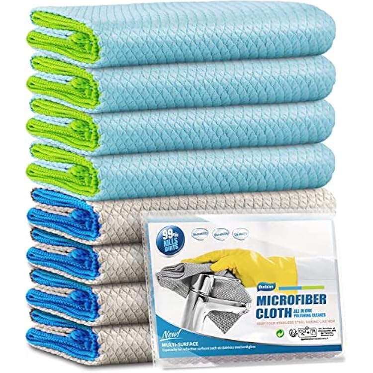 Microfiber Cleaning Cloth Lint Free Glass Cleaner Window Polishing Streak Free Miracle Easy Clean Rag Reusable for Mirror Kitchen Dish Auto Detailing,Pack of 8, 12 x 16, Blue and Grey