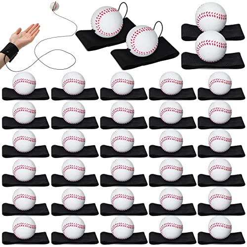 Jerify 30 Pcs Wrist Return Ball on a String Baseball Football Soccer Tennis Party Favor Sports Return Wrist Practice Wristband Ball on Elastic Cord for AdultsBaseball