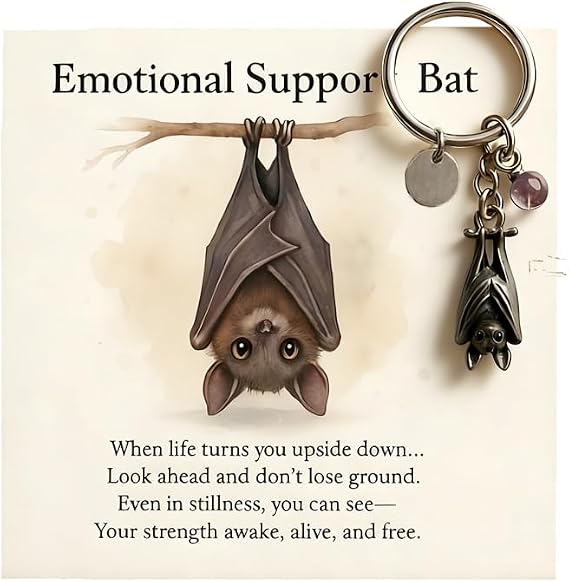 Emotional Support Bat Inspirational Keychain, Vintage Bat Pendant Encouragement Verse Card Gift for Friends
