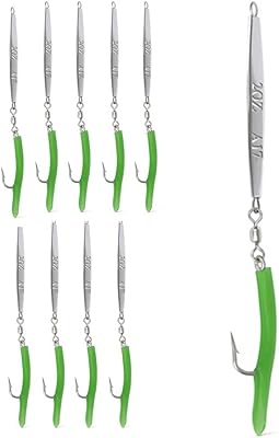 UMT 2oz Diamond Jig, Green or Pink Rubber Teaser 60 Custom 4X Hook for Striped Bass, Cod, Black Sea Bass, Grouper, Amberjack, Tuna 1, 5, 10 Pack Options