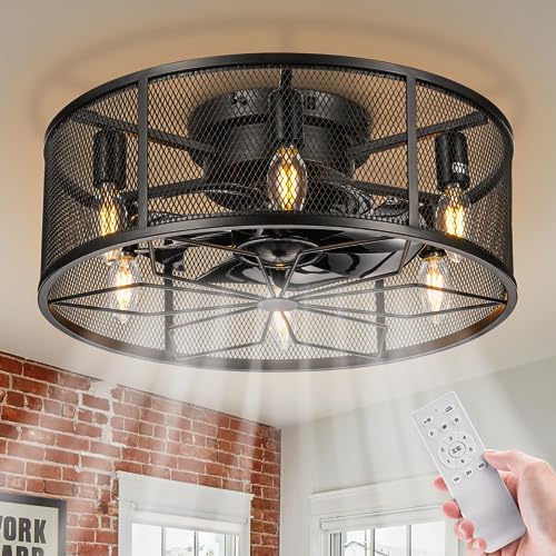 Ceiling Fans with Lights, 18 Inch Flush Mount Ceiling Fan with Lights Low Profile Small Farmhouse Ceiling Fan Light Industrial Fixture for Bedroom Kitchen