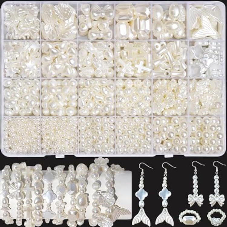 1170 Pcs ABS Imitation Pearl Beads for Jewelry Making, Assorted Heart Star Bowknot Circle Flower Aesthetic Cute Bead for Bracelet Necklaces Earrings Key Chains DIY Phone Charm Crafts White