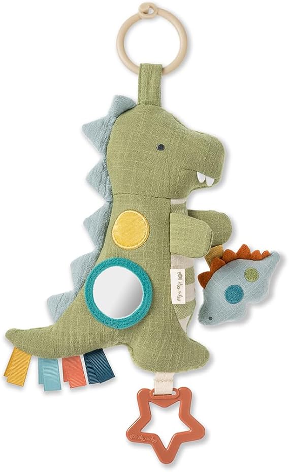 Itzy Ritzy Bitzy Traveler Baby Stroller & Car Seat Toy w/Rattle (Dinosaur) | Hanging Baby Travel Toy with Crinkle, Rattle Sounds, Multiple Textures, Adjustable Clip, and Sensory Fun On The Go for Babies