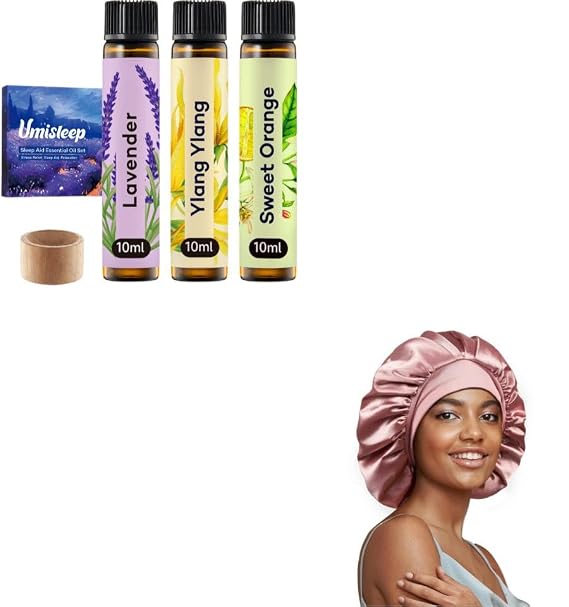 1 Pack Umisleep Essential Oils Set and 1 Pack Pink Silk Bonnet for Sleeping