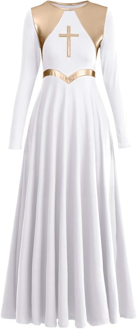 Women Metallic Cross Praise Dance Dresses Liturgical Lyrical Dancewear Color Block Long Sleeve Worship Dance Dress