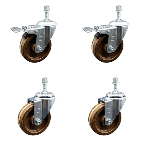 High Temperature Phenolic Swivel Threaded Stem Caster Set 4 w/Roller Bearing-4" x 1.25" Brown Wheels & 10MM Metric Stems-Includes 2 with Total Locking Brake-1200lbs Total Capacity-Service Caster Brand