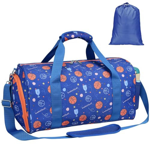 Bagseri Boys Duffle Bag for Travel - Kids Gym & Sports Bag with Shoe Compartment & Water Resistant Wet Pocket, Weekender for Camping & Sleepover Blue Basketball