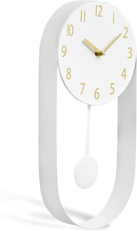 EMAX HOME White Wall Pendulum Clock Stylish Minimalist White Wall Clock 8 Inch Modern Decorative Timepiece Silent Gold Included Distinctive Metal Frame Design