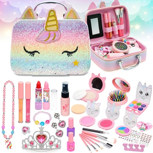 Mrabbitoo Kids Real Makeup Kit for Girls - 63Pcs Non-Toxic Washable Little Girls Make Up Toys, Princess Cosmetics Set for Toddlers to Tweens