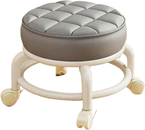 Low Stool with Wheels，Leather Fabric Portable Small Round Waterproof Thickening Seat Cushion Simple Soft(DARK GRAY)