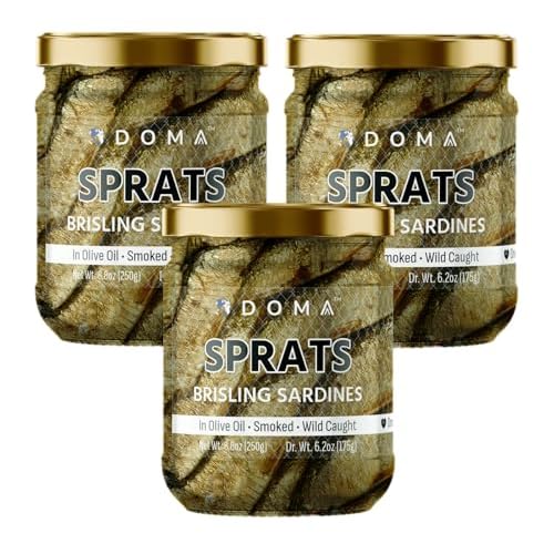 DOMA Premium Smoked Brisling Sardines Sprats in Olive Oil Wild-Caught, 1180mg Omega-3 per Serving, 26.4oz 3 8.8oz, Pack of 3 Glass Jars