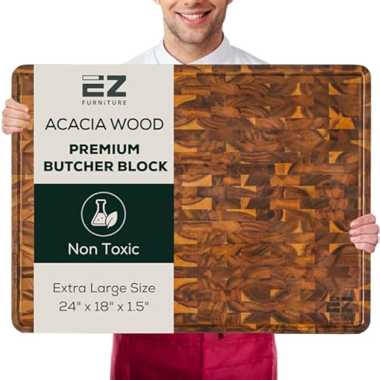 EZ FURNITURE Extra Large XL Acacia End Grain Cutting Board, Reversible, Knife-Friendly Charcuterie Butcher Block with Juice Groove & Handles, Non-Toxic, Gift Box Included 24 x 18 x 1.5
