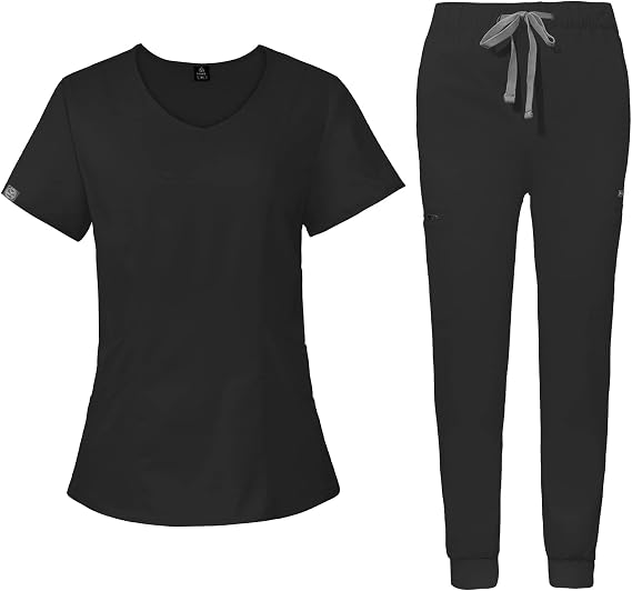 VIAOLI Medical Uniforms Nurse Women Doctor Nursing Hospital Scrub Sets Top &Jogger Pants Pet Clinic Clearance Workwear (XS, Black)