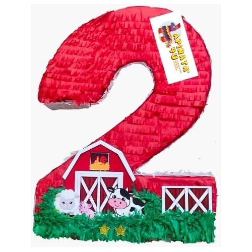 20 Tall Number Two Pinata Second Birthday Party Farm Animals Barnyard Farmhouse Red Color Cow Pig Lamb Rooster