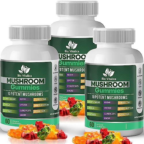 Mushroom Gummies 10 Mushroom Complex with Lions Mane, Reishi, Chaga, Cordyceps & More Fruity Vegan Gummies Non-GMO, Gluten-Free, Plant-Based 3 Packs
