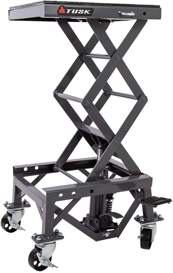 Tusk Scissor Lift Stand Adjustable 13.7534 Heavy-Duty Motorcycle Lift Stand with Casters & Rubber Top Pad Supports Up to 300 lb for Dirt Bike, ATV & UTV Maintenance