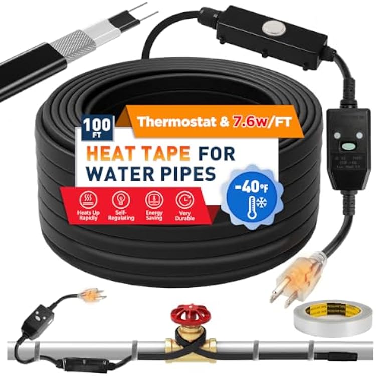 3~100FT Heat Tape for Water Pipes, UL & ETL Certified 100 FT Self-Regulating Pipe Heating Cable with Thermostat for Pipe Freeze Protection, Waterproof Heat Tape for Metal and Plastic Pipes,Black1pcs