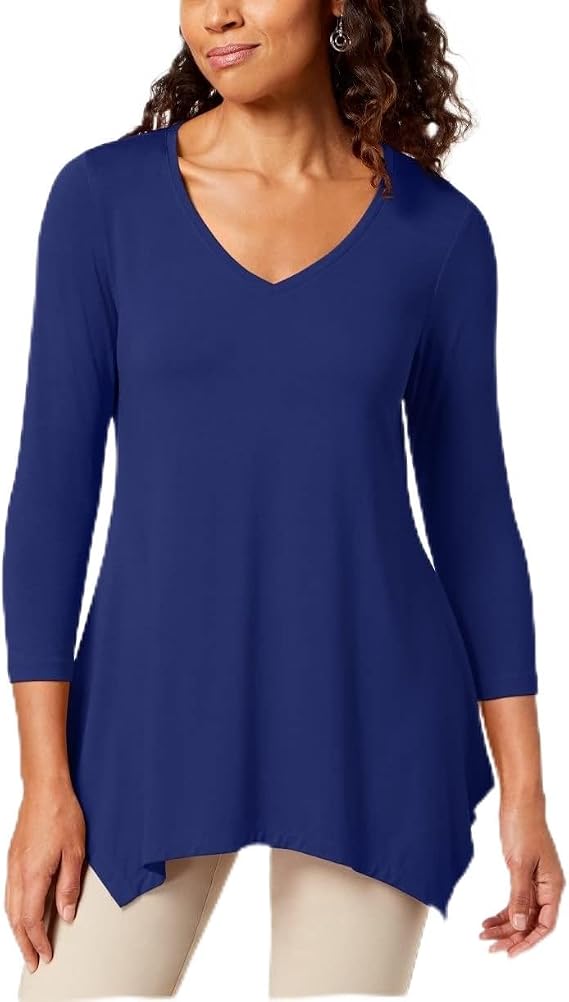 Women's V-Neck Handkerchief-Hem Top Dark Blue Size X-Large